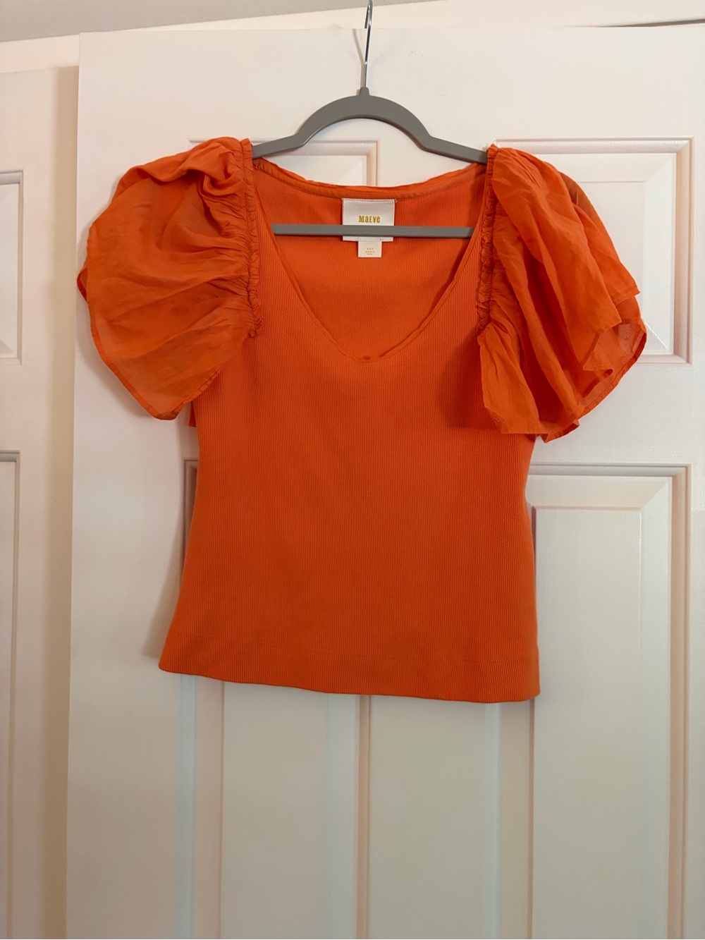 Maeve Orange Puff-Sleeve Knit Top